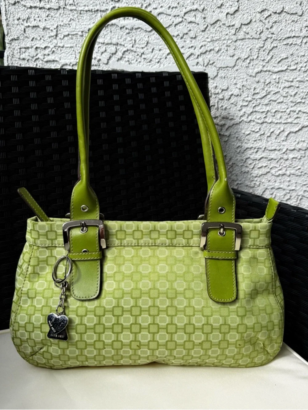 Nine West Green Logo Jacquard Shoulder Bag Y2K Heart Charm Buckle Purse